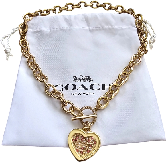🩷 COACH Rare Pink Cubic Zirconia Pavé Crystal Heart Chain Toggle Necklace NWT - Picture 3 of 6